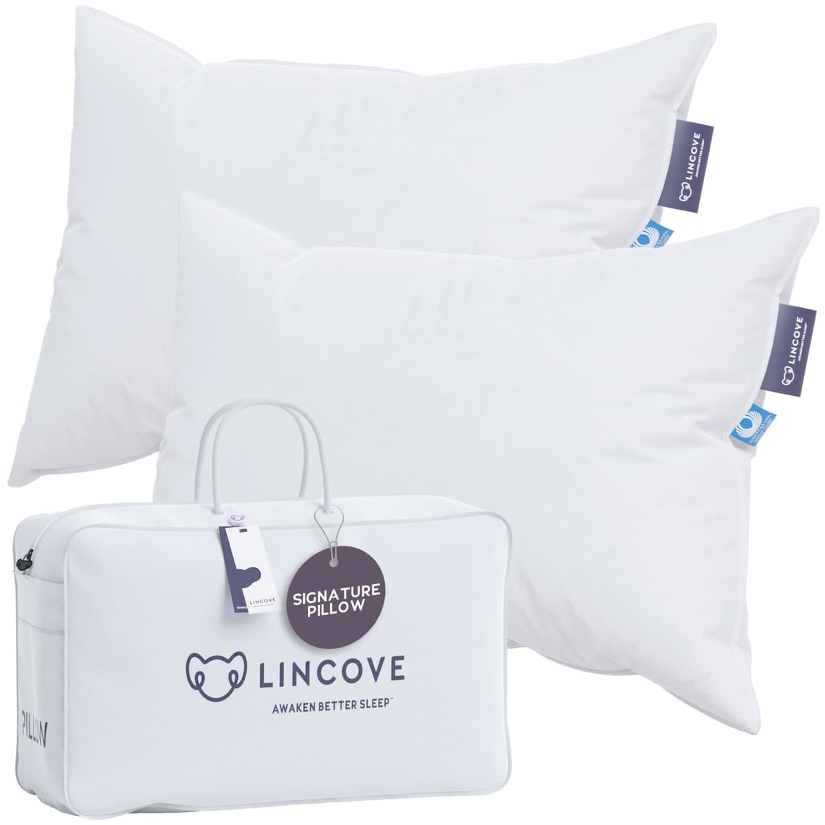 Lincove Signature Almohada de descanso de lujo 100% plumón blanco canadiense natural - Poder de relleno 800, Funda de algodón 500 hilos, Hecho en Canadá, King - Suave, Paquete de 2 LSPSK2