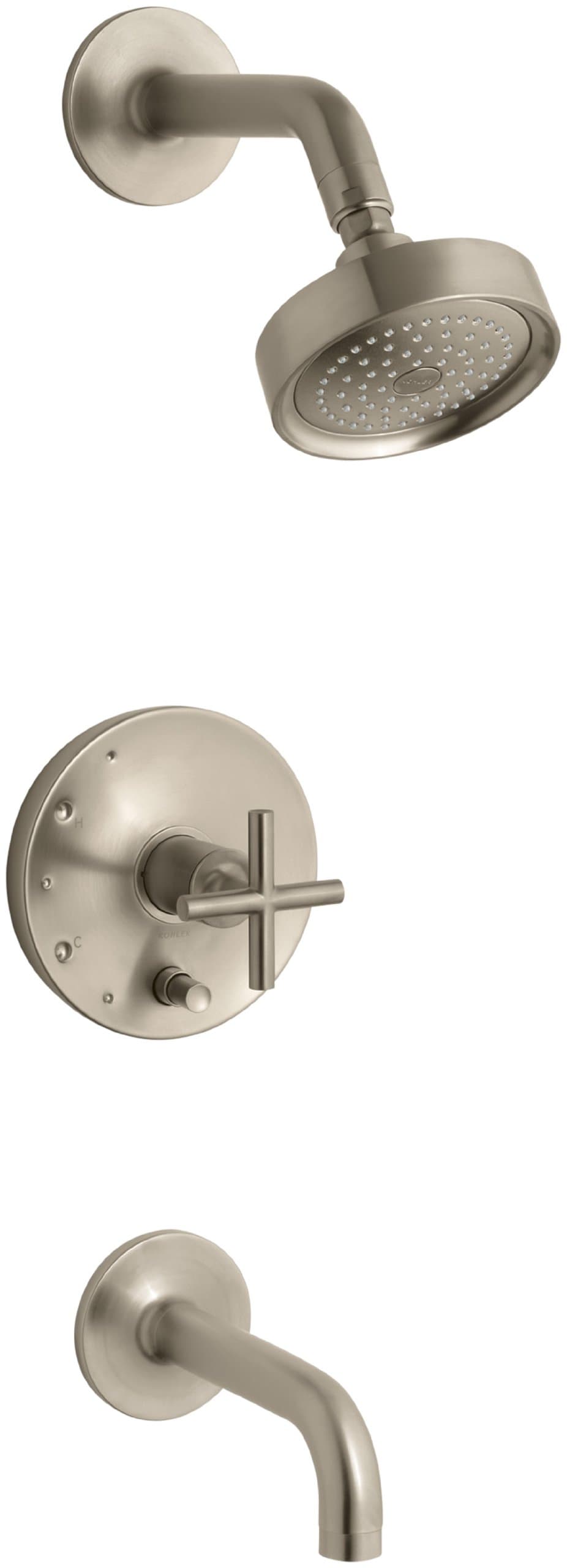 Kohler T14421-3-BV Purist Rite-Temp trim para baño y regadera con diverter, pico 7-3/4" y manija cruz