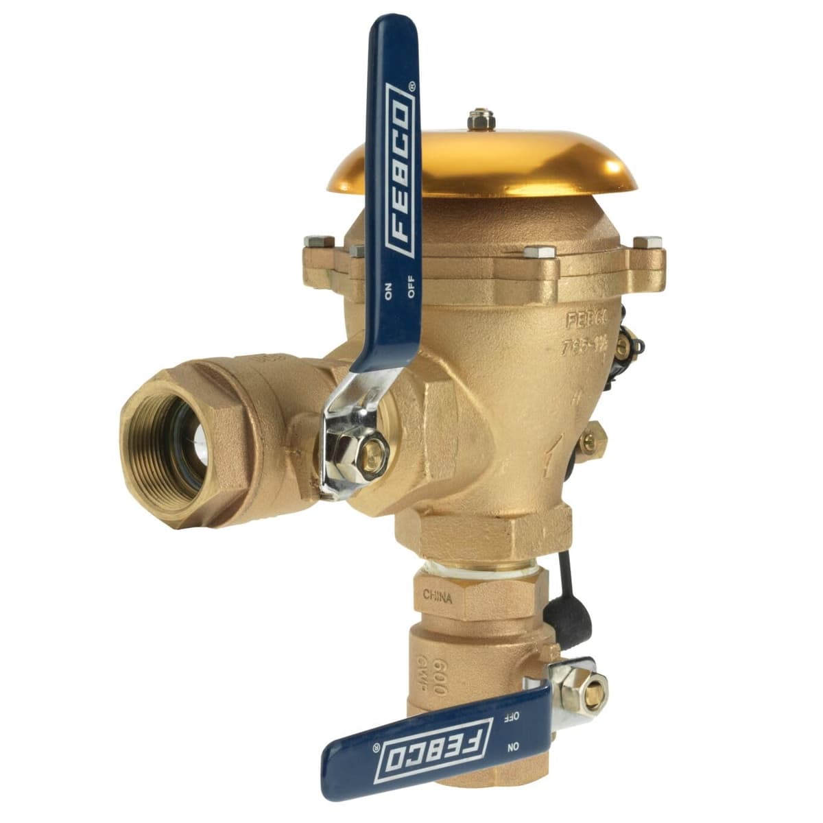 Febco 765 Series 1-1/4" Rompe vacío a presión en bronce, cierre cuarto de vuelta, conexiones NPT, sensor de congelamiento SentryPlus, para plantas e irrigación T765FBV