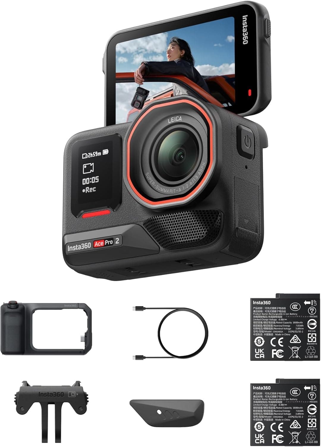 Insta360 Ace Pro 2 Bundle Dual Battery Xplorer Pro con tarjeta de 128 GB - Cámara de acción impermeable 8K co-diseñada con Leica, sensor insignia 1/1.3", 8K30fps, 4K60fps, pantalla abatible de 2.5" ACE PRO 2-Xplorer Pro-128GB