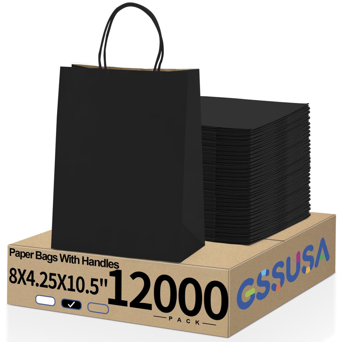 GSSUSA 8x4.25x10 Inch Black Paper Bags with Handles - Pack 12000
