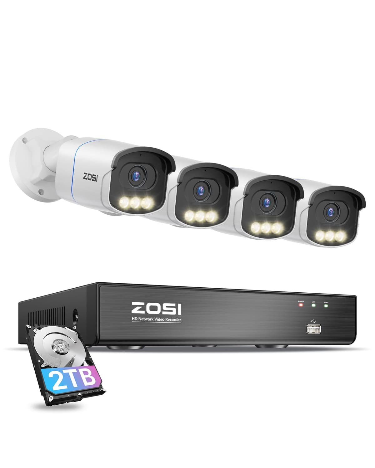Sistema de Cámaras de Seguridad PoE 4K ZOSI, 4 cámaras cableadas 4K C186 Aurora Lux para exterior e interior, Visión Nocturna a Color Real, Detección de Personas y Vehículos, Audio Bidireccional, NVR 8CH 8MP con HDD de 2TB para Grabación 24/7