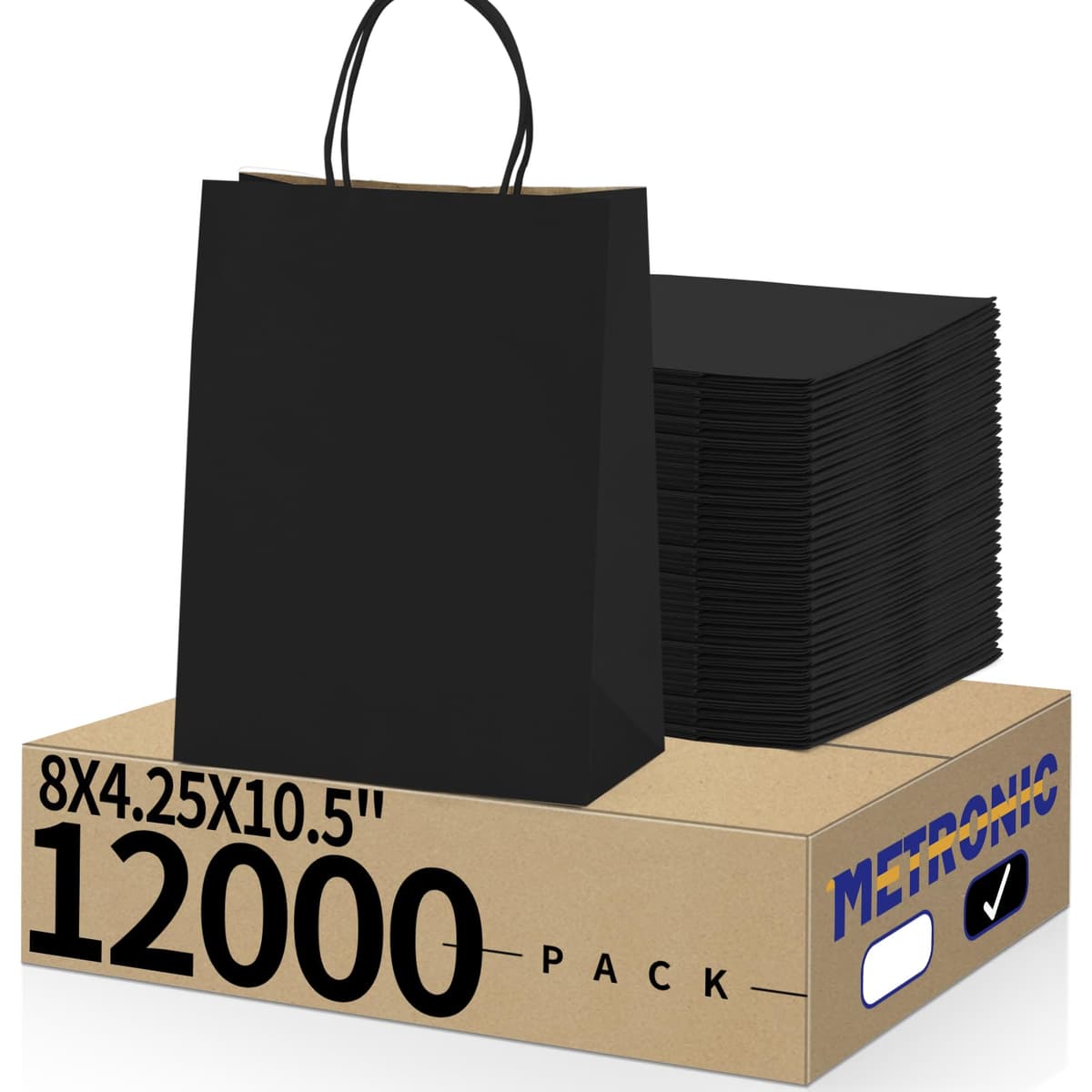 METRONIC - Bolsas de regalo de papel kraft con manijas, 8x4.75x10.5 pulgadas - Pack de 12000 (negro)