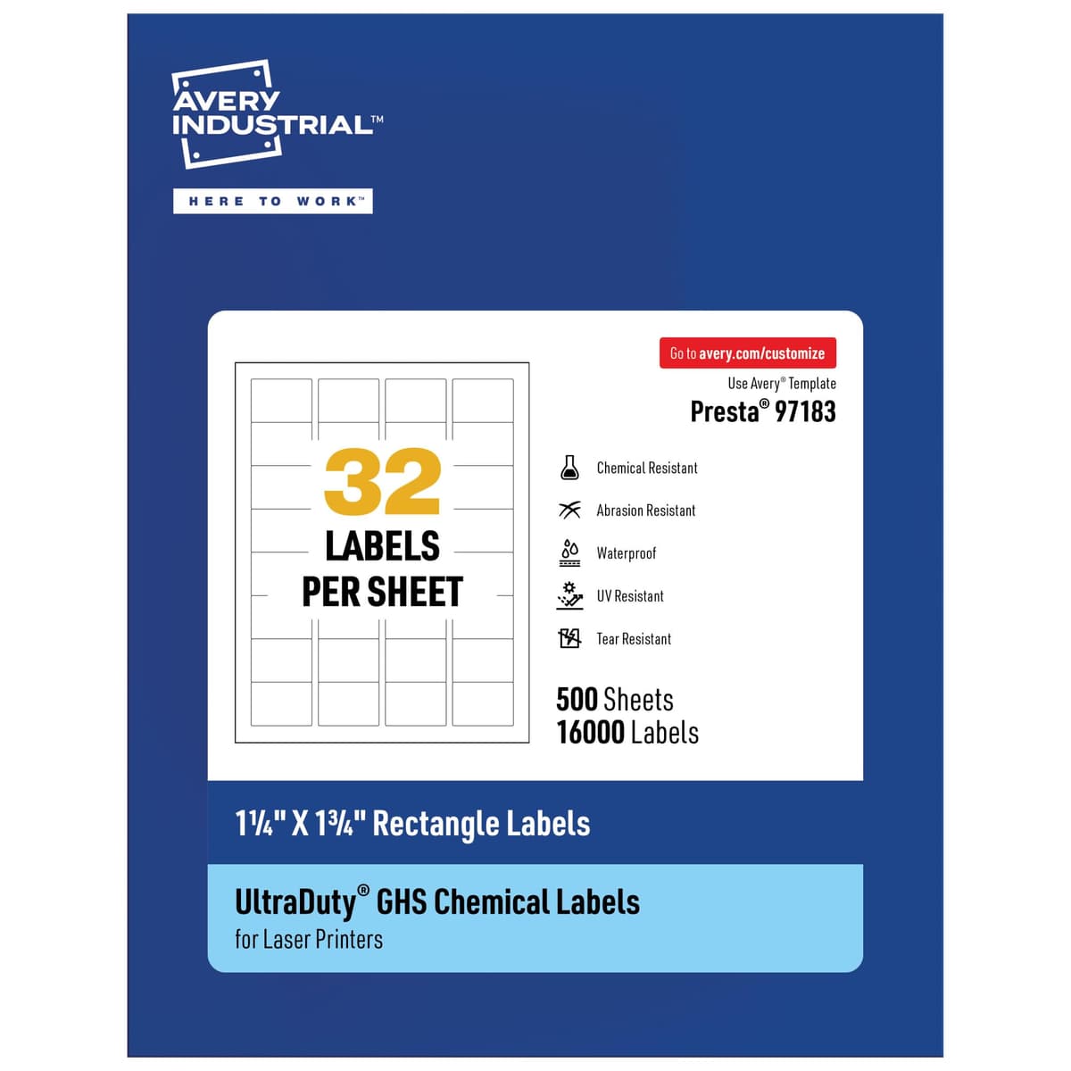 Avery UltraDuty GHS Labels 1.25" x 1.75" rectangulares impermeables 16000 unidades para impresoras láser 97183-WMU500