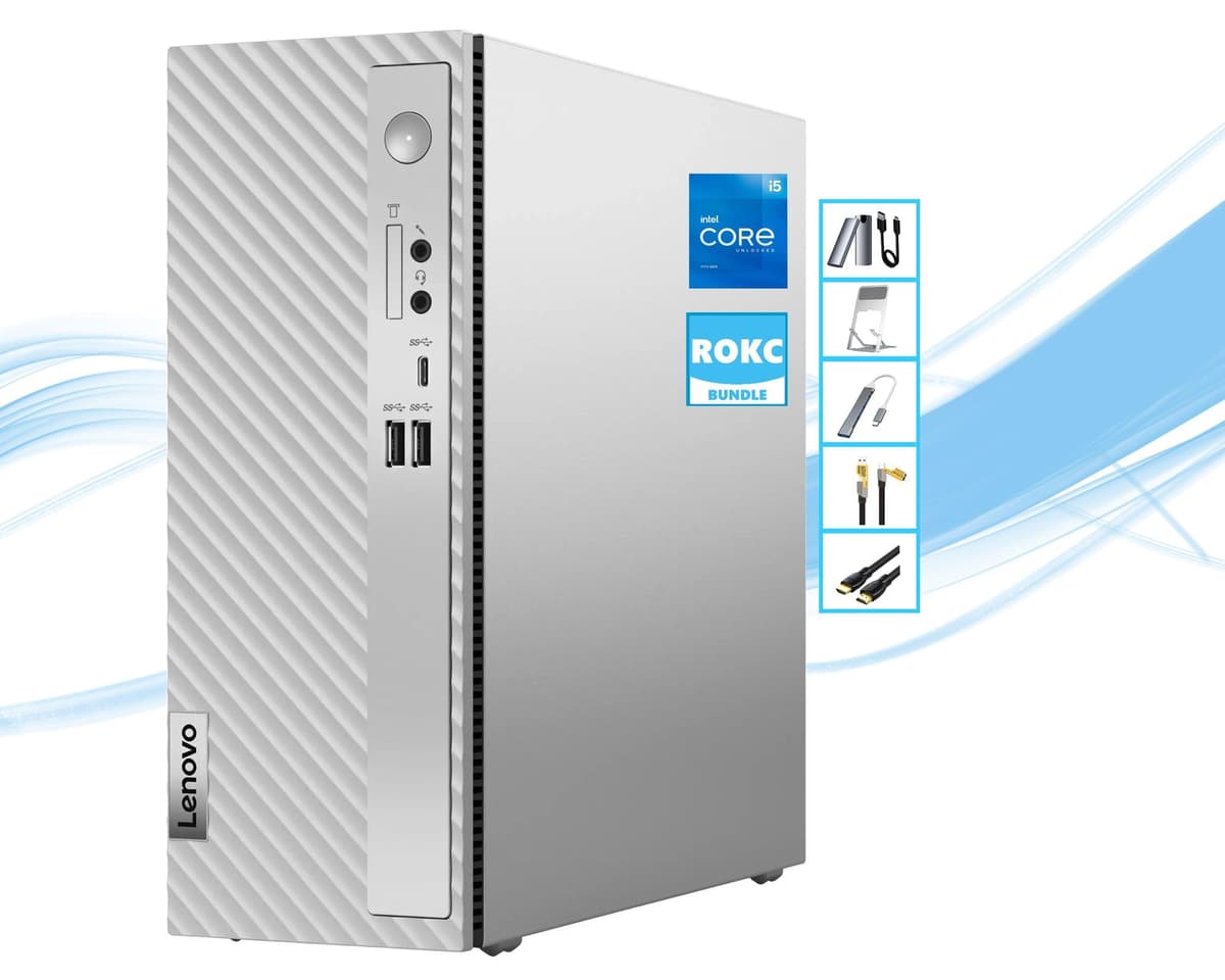 Lenovo IdeaCentre 3 Computadora de Escritorio con IA | 32GB RAM | 2TB SSD y 128GB SSD Portátil | Intel Core i5-14400 | Wi-Fi 6 | RJ-45 | VGA | Lector de tarjetas | Copilot Ready | Windows 11 | Teclado y mouse con cable | RK Bundle 90VT008MUS
