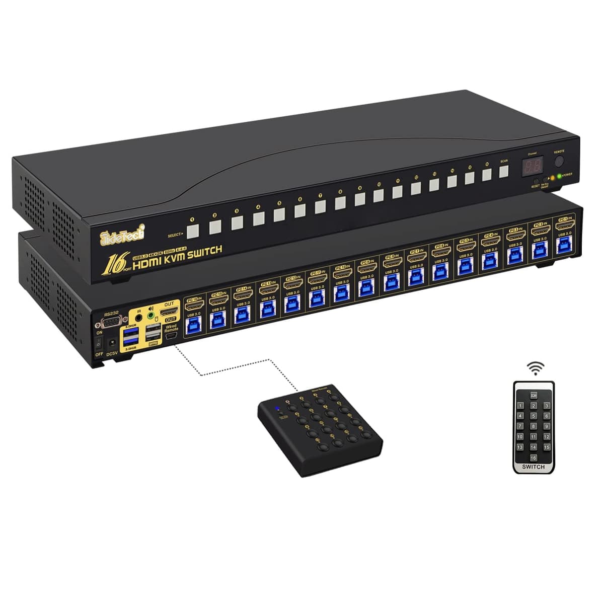 JideTech 16x1 HDMI KVM Switch 4K@60Hz con hub USB 3.0, EDID inteligente y hotkey 9116H-3-B