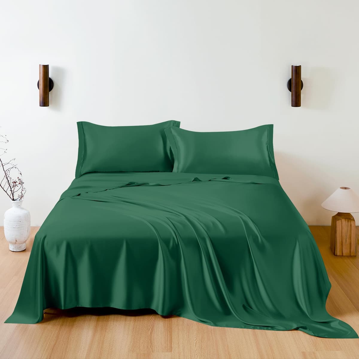 THXSILK Juego de sábanas 100% seda de morera, juego de sábanas 7A+ suave y transpirable, ropa de cama de lujo (1 sábana plana, 1 sábana ajustable, 2 fundas de almohada) King, Verde esmeralda W01W20407KP