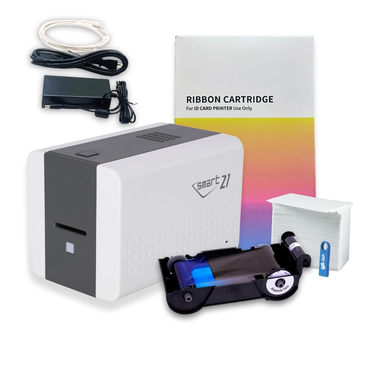 IDP SMART-21SK-EZ Impresora de tarjeta ID simplex kit con Easy-Load Ribbon, 100 YMCKO, 100 tarjetas PVC, software PC 653311KEZ