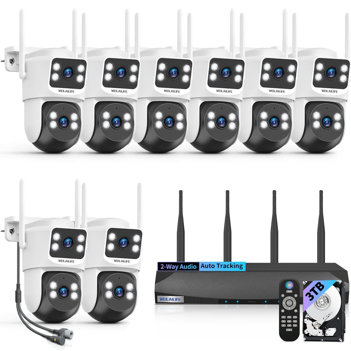 WEILAILIFE 【Audio Bidireccional y Seguimiento Automático】 Cámaras de Seguridad PTZ 4MP Inalámbricas para Exteriores, Sistema de Cámaras de Seguridad Inalámbrico para Exteriores, Kits DVR de Videovigilancia WiFi para el Hogar CSWL-02SQW4MP