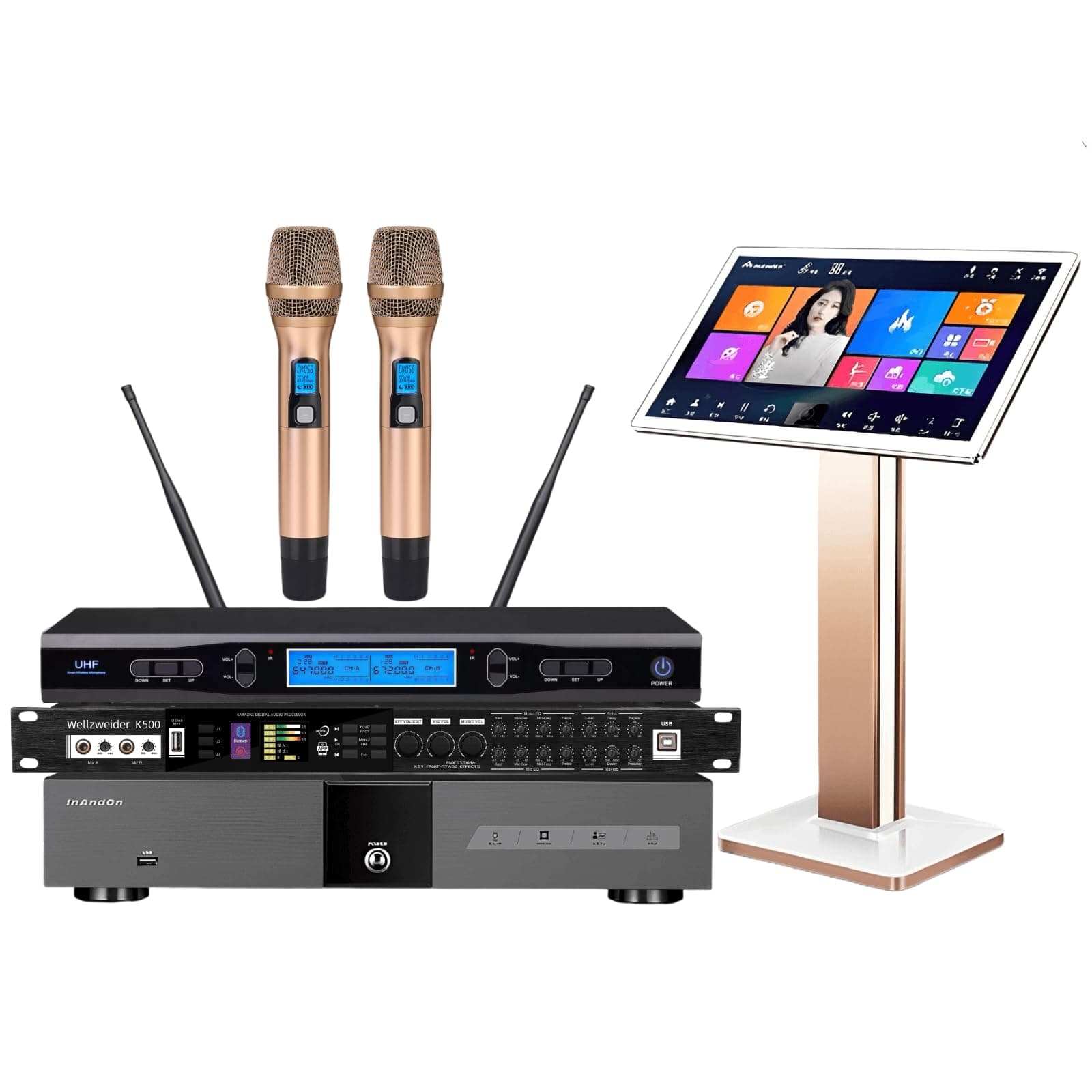 Wellzweider Karaoke profesional KV-V5 con pantalla táctil capacitiva 22" y micrófono inalámbrico KV-5+ 4Twhite