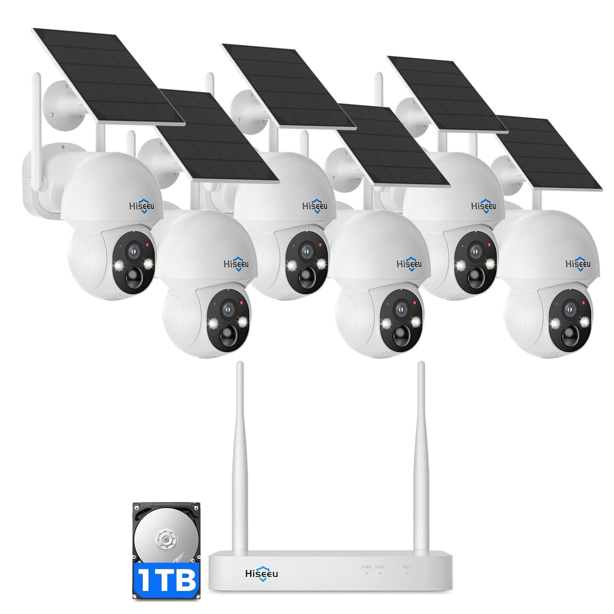 Cámara Solar Inalámbrica Hiseeu para Exteriores, Sistema de Seguridad Hogar, WiFi 2.4G y 5G, Kit de 6 Cámaras 4MP Alimentadas por Energía Solar, Visión Nocturna a Color, Vista 360° con Pan y Tilt, HDD 1TB, Sin Suscripción WK-6TD504-1T
