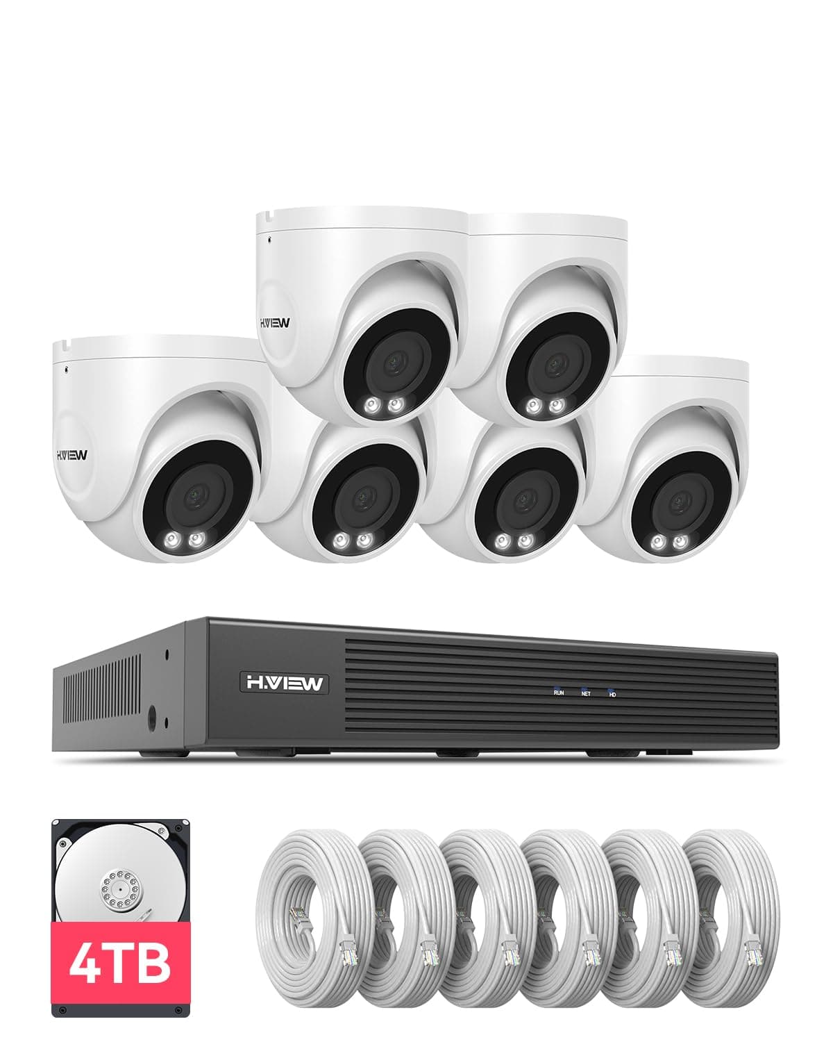 H.VIEW Sistema de Cámaras de Seguridad para Hogar PoE 4K/8.0 Megapíxeles Para Exteriores Cableado, Cámaras IP de Videovigilancia Exterior, Gran Angular y Audio, NVR 8CH 4TB HDD US86800S6-4TB