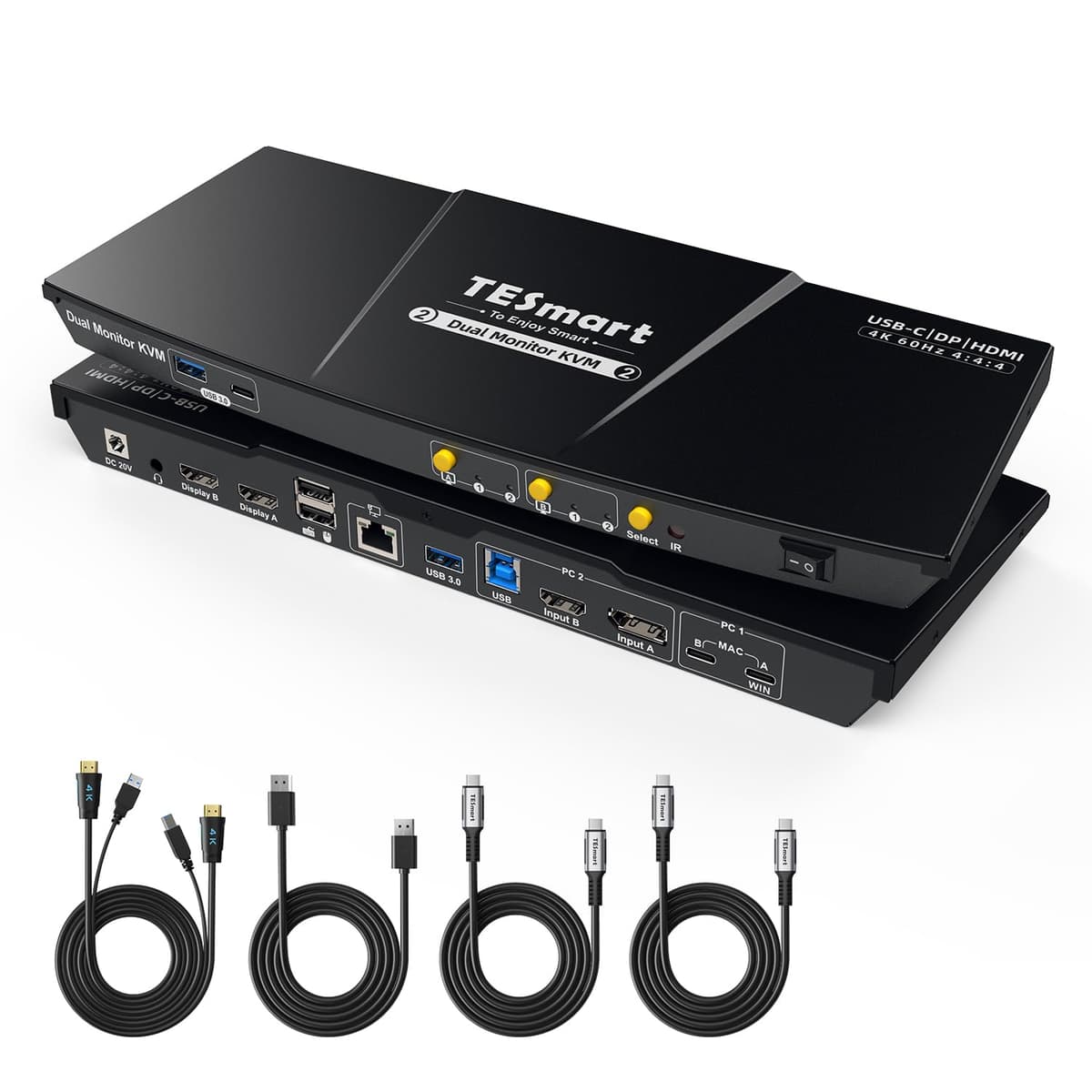 TESmart MST HDC202-P23-USBK-V1 - KVM USB-C/HDMI/DP Dual Monitor 2 PCs 4K@60Hz con 60W PD y LAN Gigabit