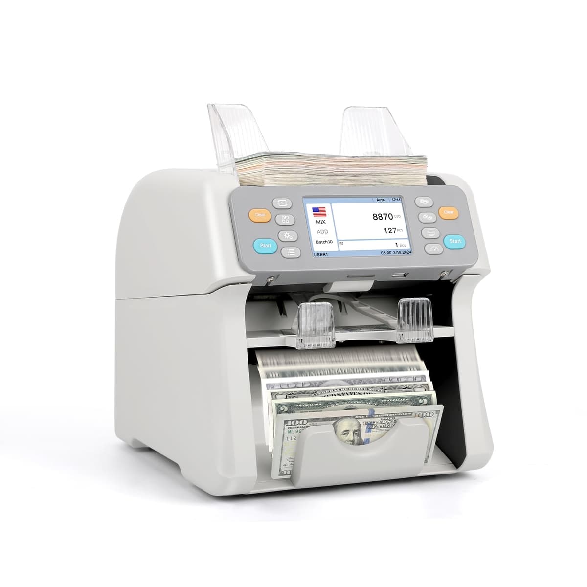 RIBAO MC-165 Contadora de billetes 2 bolsillos blanca con conteo mixto y detección avanzada MC-165B