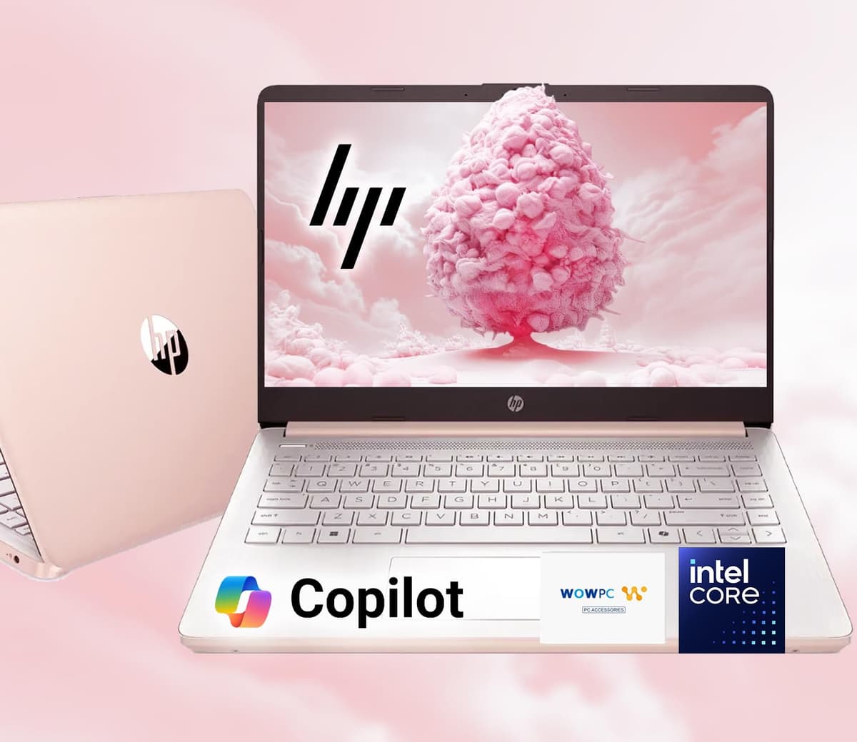 HP 14 Ultrabook • Intel 4 núcleos N150 • Microsoft 365 • Copilot AI • 32 GB RAM • 1.6 TB de almacenamiento (128 GB SSD + 512 GB portátil + 1 TB OneDrive) • Wi-Fi 6 • 12 h de batería • Rosa dorado • con paquete WOWPC • Windows 11