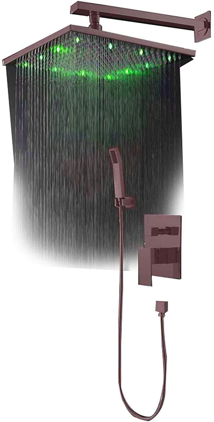 Juego de Ducha de Lujo Cascada para Baño con Cabezal de Lluvia LED, Válvula de Doble Función y Ducha de Mano de Latón (10 pulgadas, Dorado Cepillado) CSLED6106-1047BG