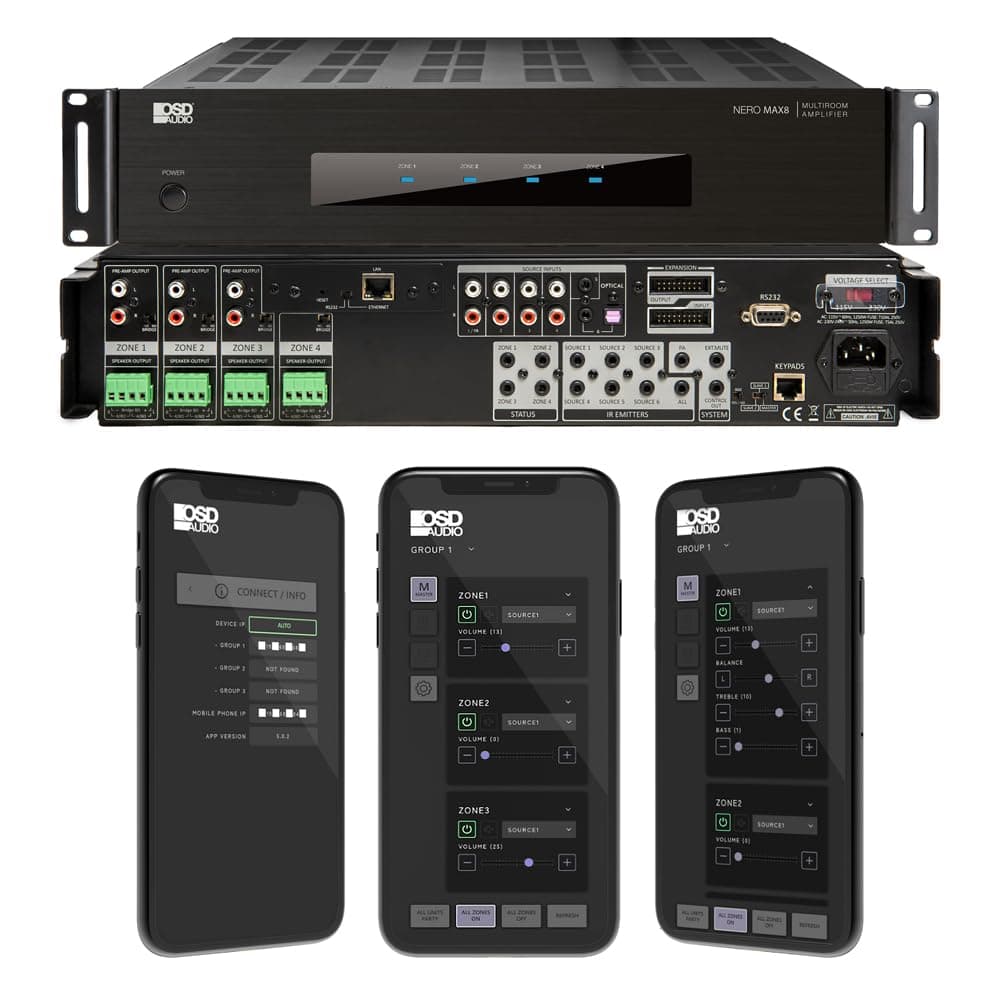 OSD Audio Nero Max8 Amplificador multi-zona 4 zonas / 4 fuentes, 80W por canal