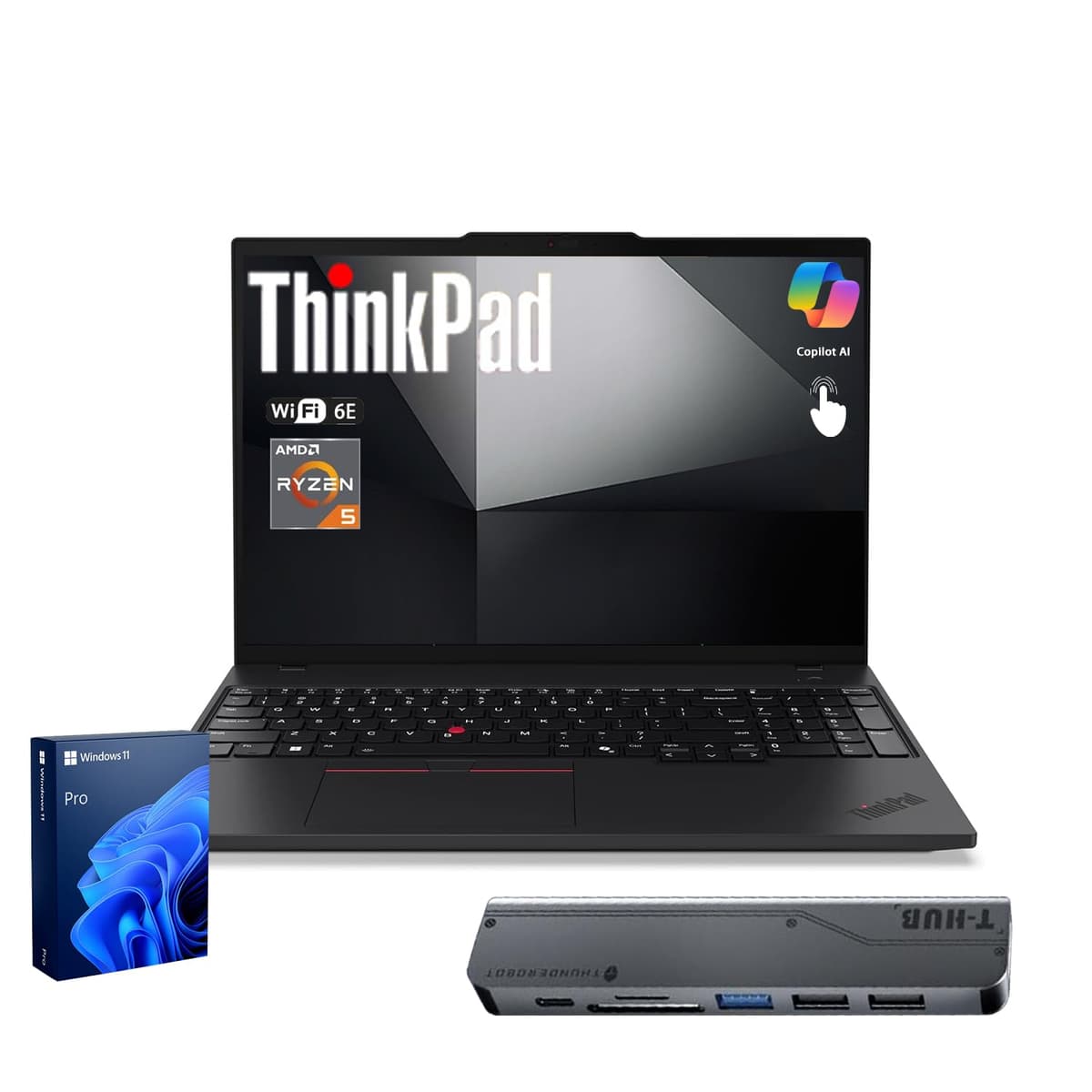 Lenovo ThinkPad E16 Laptop empresarial, pantalla táctil antirreflejo FHD+ de 16", AMD Ryzen 5 7535U, 16GB DDR5, 512GB SSD, Wi-Fi 6E, lector de huellas, teclado retroiluminado, cámara web, Windows 11 Pro, paquete con hub USB-C 7 en 1 E16 Gen 2