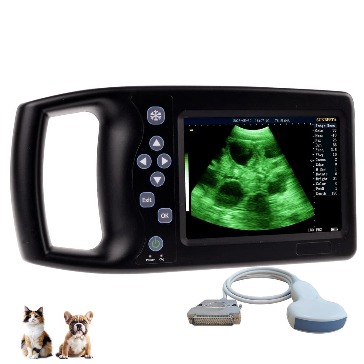 Ultrasonido veterinario portátil SUNBESTA A8, pantalla 5.7" HD, sonda convex 3.5MHz, resistente, con estuche