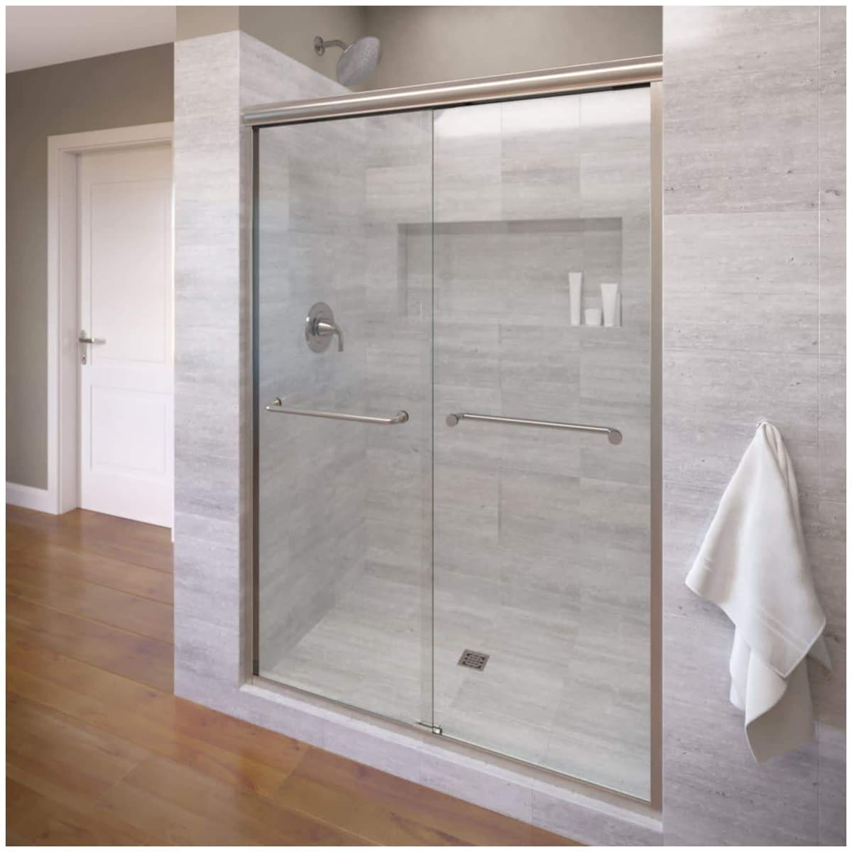 Basco Infinity Puerta de Ducha Corrediza Semi-Frameless 54.5-58.5 pulgadas, Vidrio Transparente AquaglideXP, Níquel Cepillado INFH05A5870XPBN