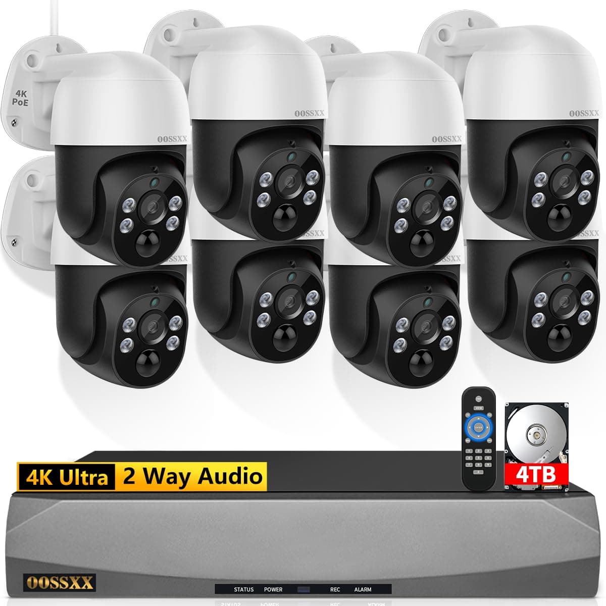 OOSSXX Sistema de Cámaras de Seguridad Cableadas PTZ con Seguimiento Automático 4K, Audio Bidireccional, PoE, Exterior, Kit DVR con Cámaras para el Hogar y Disco Duro de 4TB PTZ Digital Zoom