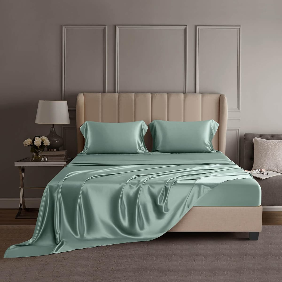 DISANGNI 22 Momme 100% Mulberry Silk - Juego de cama 4 piezas King (Verde claro) CDTZ