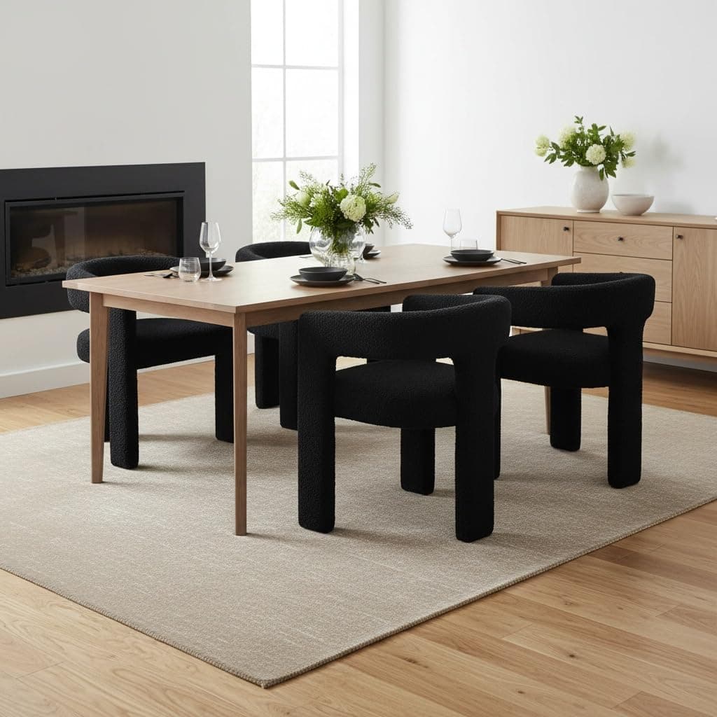 Sillas de comedor DAYALANE estilo barril - Juego de 4, tapizadas en bouclé, respaldo curvo, negro