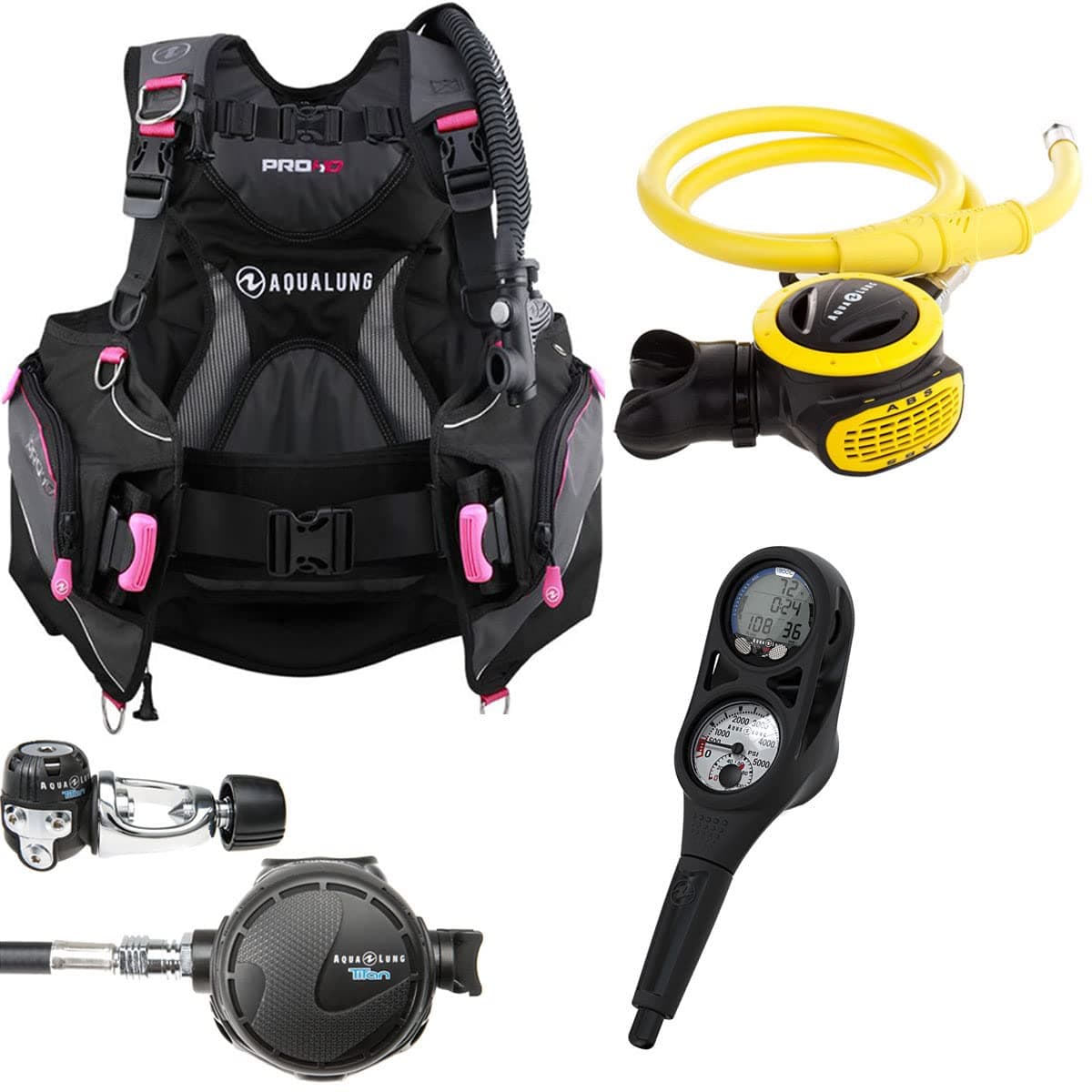 Aqualung Womens Pearl BCD Titan Regulator Dive Computer Scuba Package (X-Small, Black/Pink) Womens_Pckg