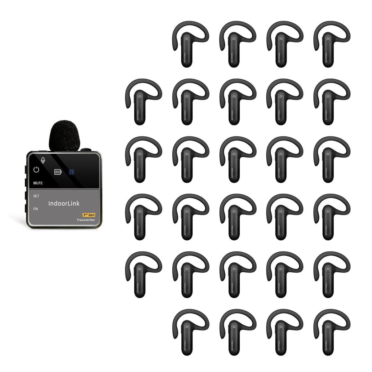 IndoorLink E201+E103 Sistema lavalier inalámbrico para guías turísticas - 1 transmisor lavalier y 28 receptores, reducción de ruido