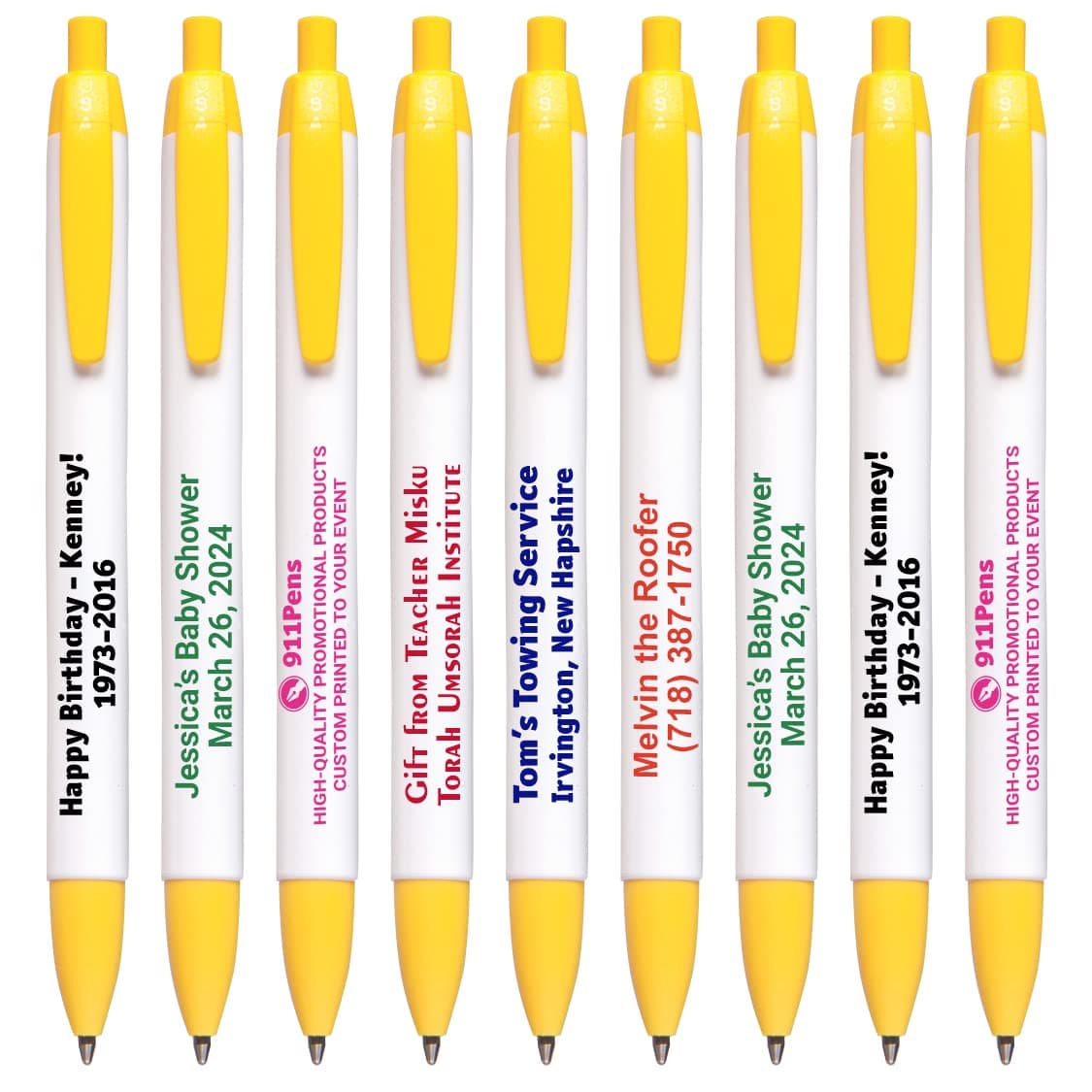 911 Pens 400 unidades bolígrafos personalizados clic, barril ancho blanco con detalle amarillo, impresión de logo personalizable 125W-0400-Yellow