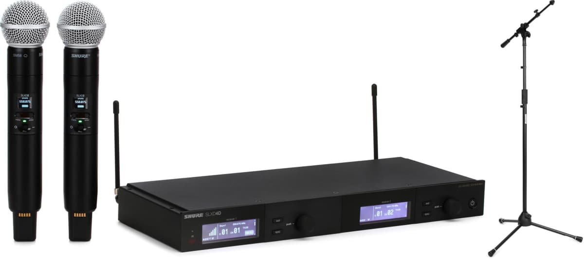 Shure SLXD24D/SM58 Sistema inalámbrico dual de micrófonos de mano con soportes tipo trípode BUNDLE-862280
