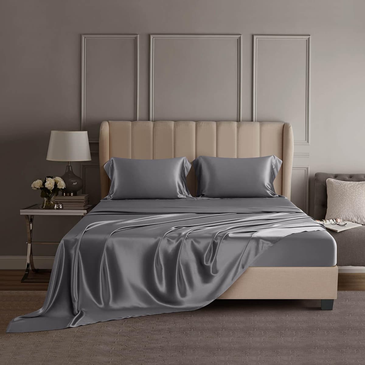 DISANGNI juego de sábanas de seda 22 Momme 100% Morera - 4 piezas (Dark Gray, King) CDTZ
