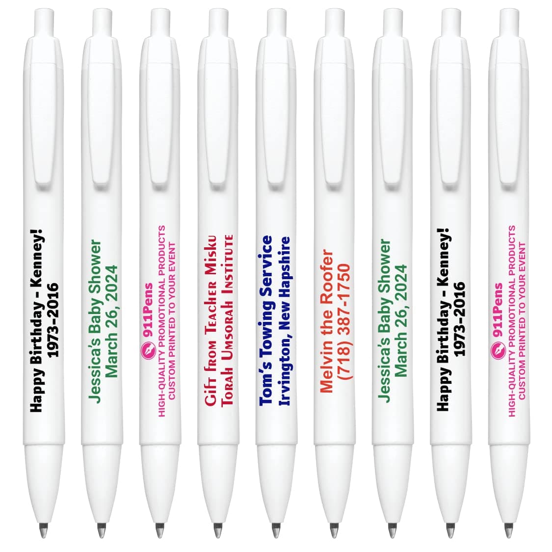 911 Pens 400 unidades bolígrafos personalizados clic, barril ancho blanco con detalle blanco, impresión de logo personalizable 125W-0400-White