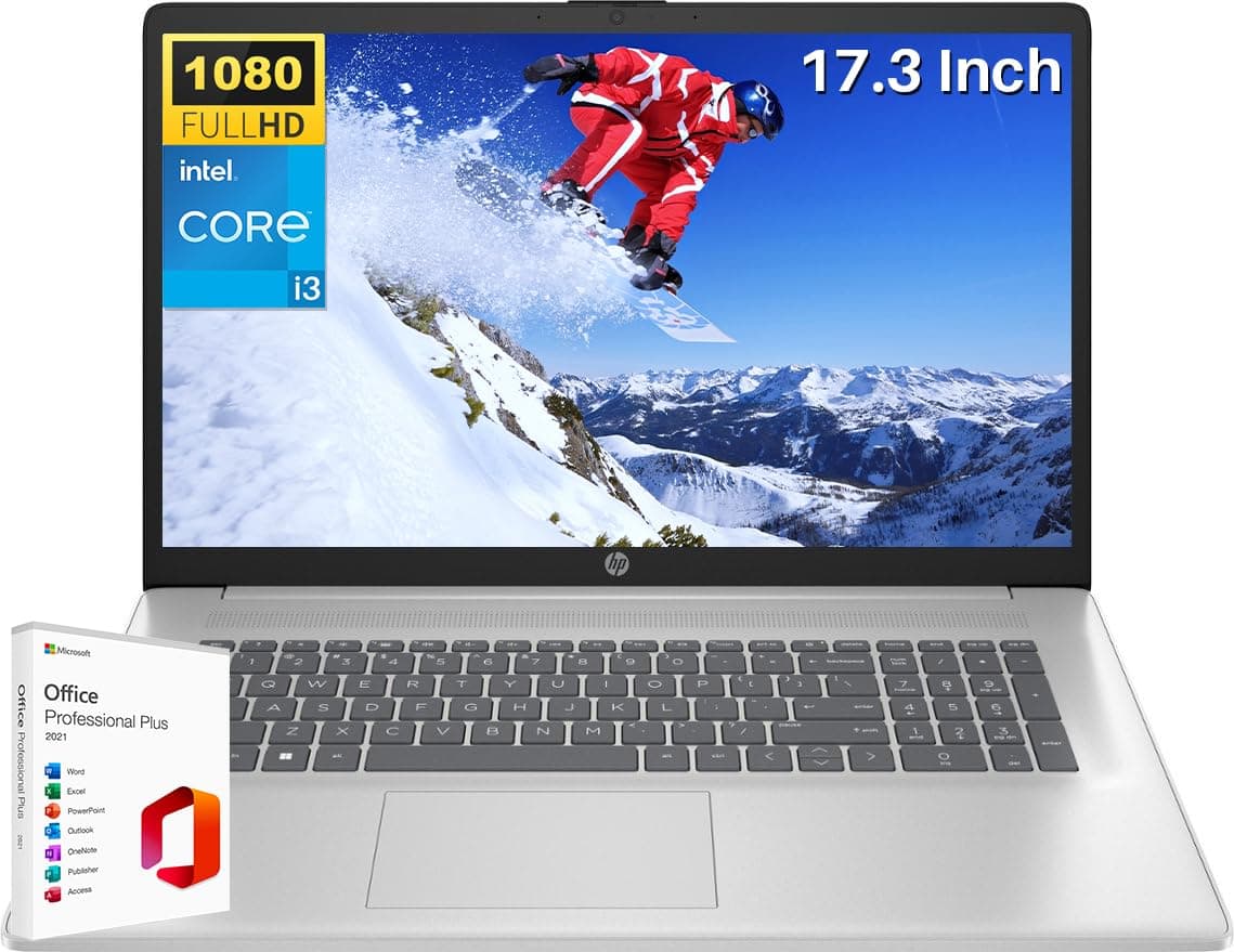 HP 2024 Laptop Empresarial de 17" con Licencia Permanente de Microsoft Office, Pantalla FHD IPS de 17.3", Intel i3-1215U de 6 núcleos, 16GB RAM, 512GB SSD, Intel UHD Graphics, Antirreflejo, Cámara HD, Windows 11 Home HP Laptop