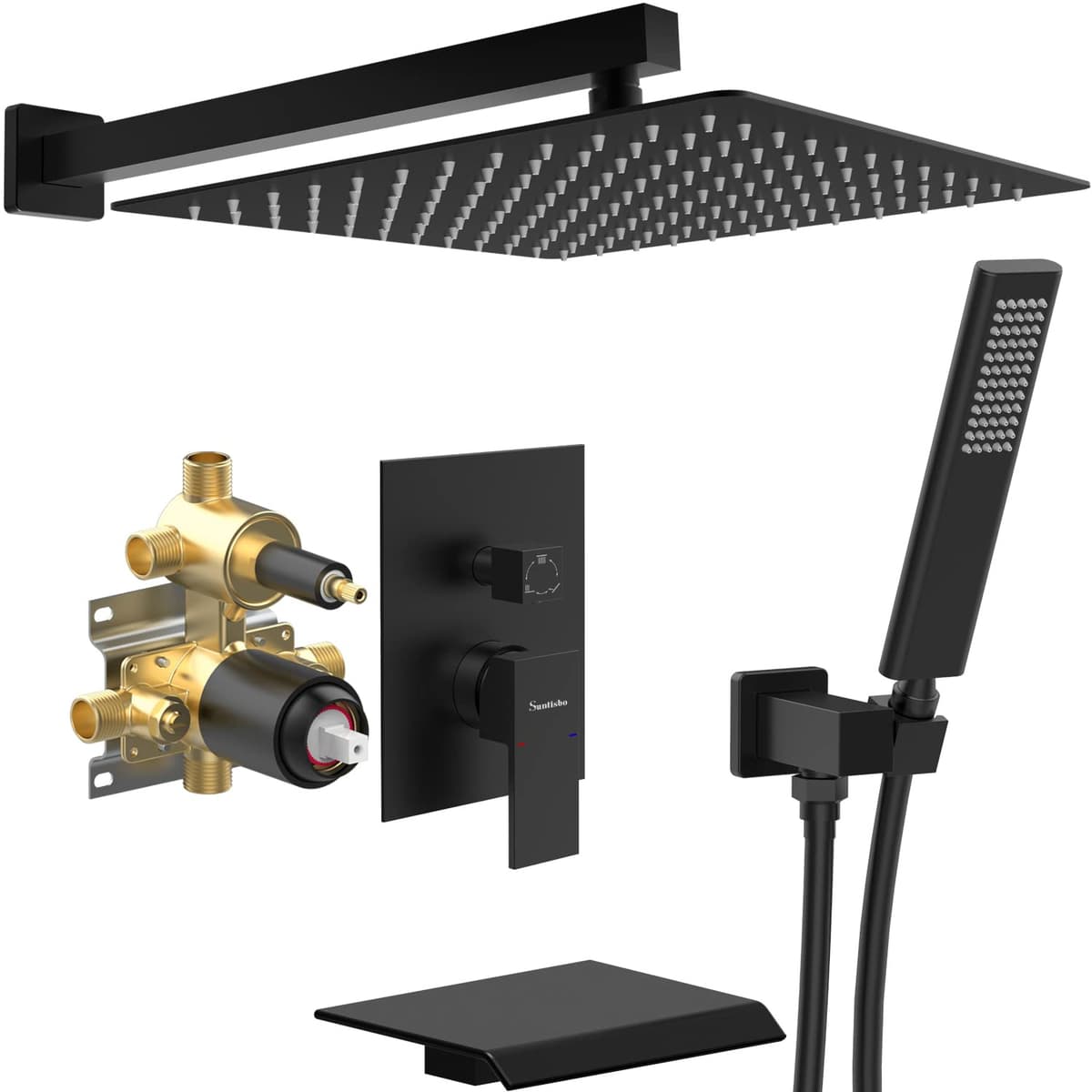 Suntisbo Conjunto de grifería para bañera y ducha tipo cascada con regadera lluvia 12" acabado negro mate S-SCH002B312S-W-FBA