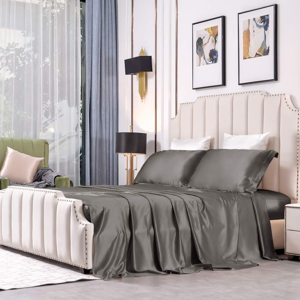 THXSILK Juego de Sábanas 4 piezas Seda 25 Momme (Charcoal, Queen)