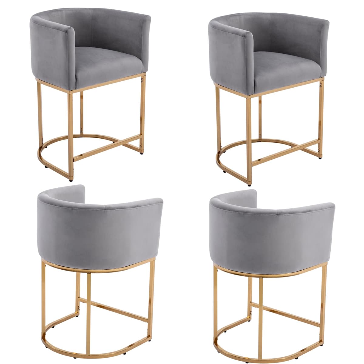 Set de 4 taburetes de barra 24” DAYALANE con respaldo, terciopelo gris y patas doradas