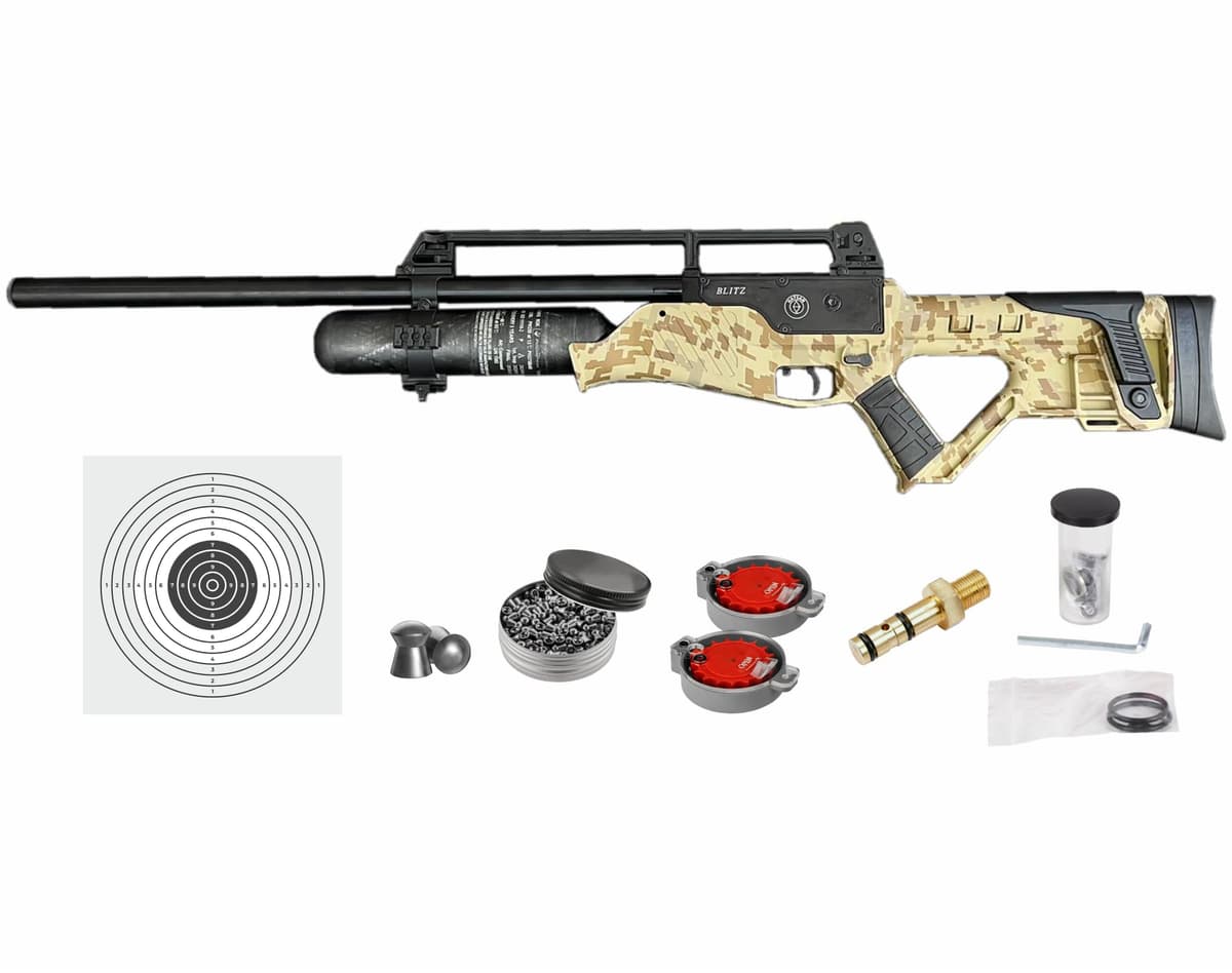Wearable4U Hatsan Blitz Edición Limitada .30 Cal PCP 730 FPS 53 FPE Tan Digital Camo con Blancos y 100 Pellets .30cal HGBlitz30M2_TargAmmo
