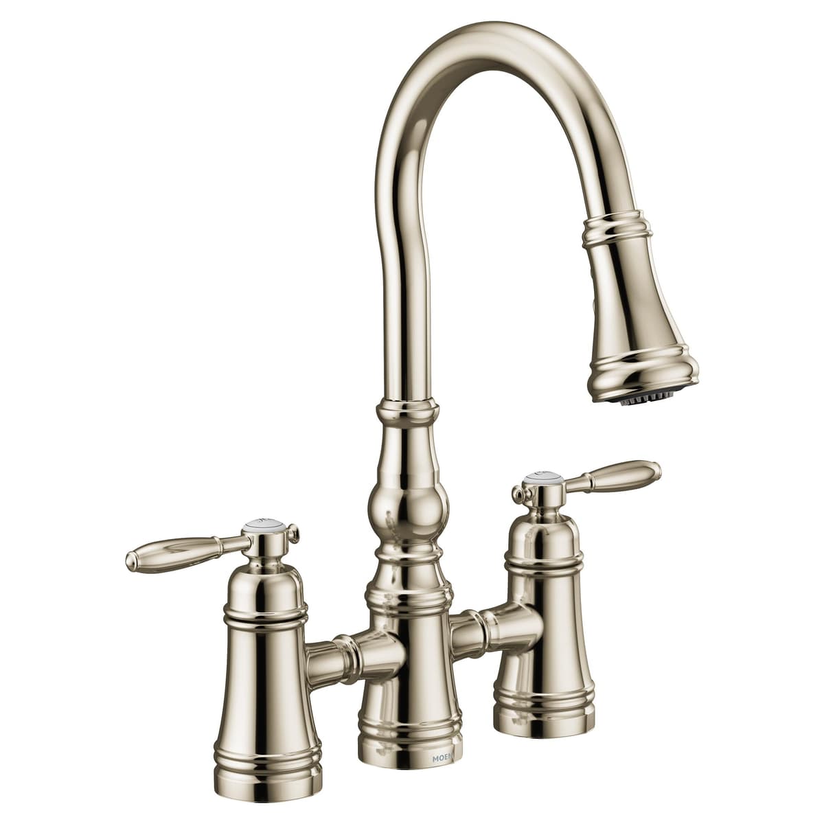 Moen S73204NL Grifo de cocina tipo puente Weymouth con dos manijas y caño extraíble, níquel pulido