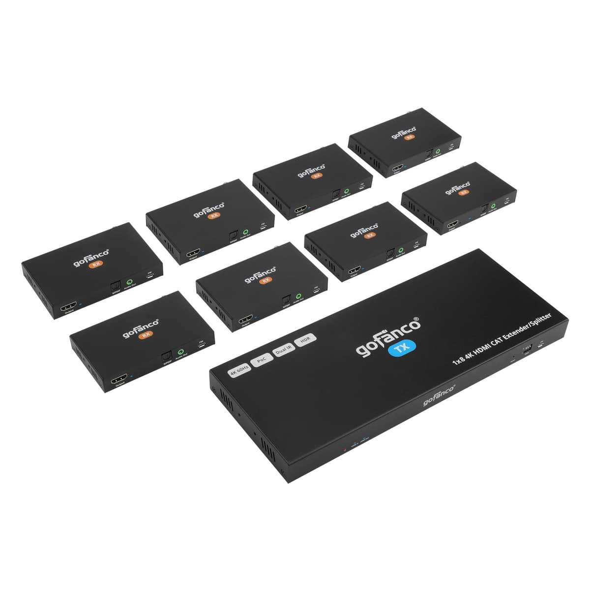 gofanco Extensor/Divisor HDMI 1x8 4K60Hz por Cable Ethernet CAT6/7 - Hasta 60 m a 4K60Hz/90 m a 1080p, HDR, HDCP 2.2, IR Dual, PoC, EDID, Loopout, Audio 5.1, Extracción de Audio (HD20Ext-8Pv2)
