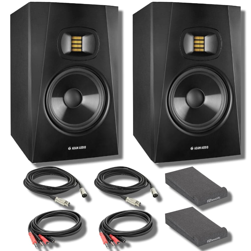 Adam Audio T5V Monitores de Estudio (Par) con Isolation Pads, Cables XLR y Paño StreamEye