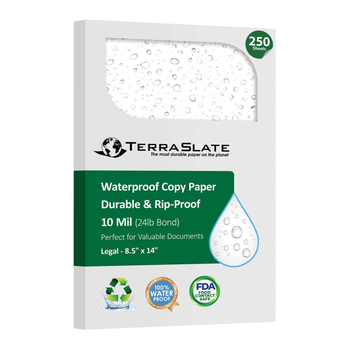 TerraSlate Papel impermeable imprimible 10 MIL 8.5" x 14", 250 hojas - Blanco mate 10MIL8514250