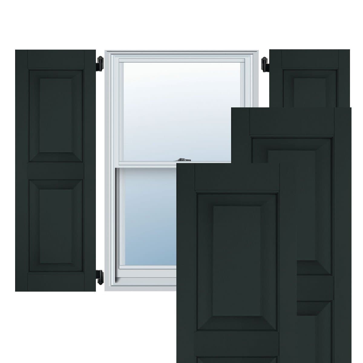 Ekena Millwork Postigos exteriores de panel elevado de madera auténtica caoba sapeli 15" An x 45" Al (por par), Black Forest Green RWR15X045DGM