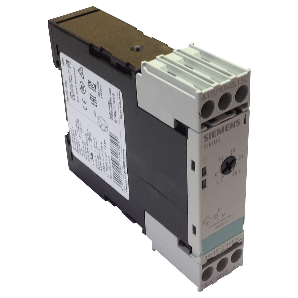 Siemens 3RP15121AP30 Temporizador de retardo a la conexión 22.5mm, 1 CO, 1.5-30s, 24VAC/VDC y 200-240VAC