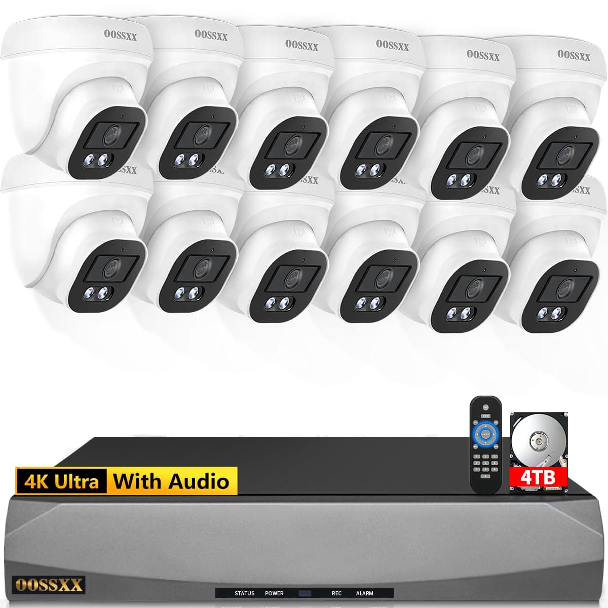 Sistema de Cámaras de Seguridad Doméstica Exterior OOSSXX 4K PoE Tipo Domo con Audio, Sistema de Cámaras IP de Vigilancia Cableadas de 8.0 Megapíxeles con DVR, Ángulo Ultra Gran Angular de 130° (12 Cámaras-4TB) Free APP No Month Fee