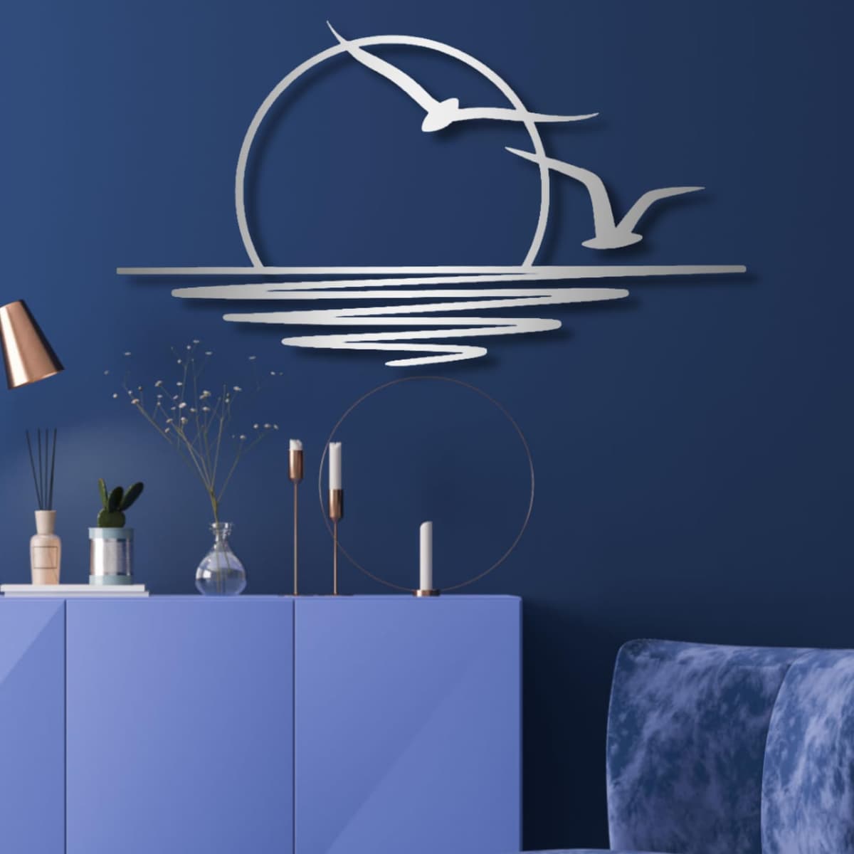 lunwall Sunrise Metal Wall Art - Decoración de pared con gaviotas y amanecer (69 x 38 inch / 175 x 96cm, plateado)