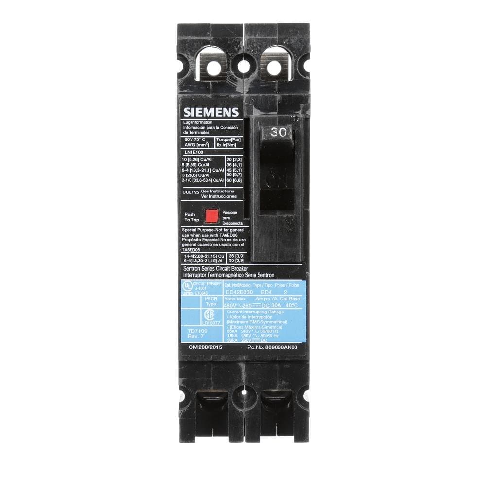 SIEMENS ED42B030 Tipo ED4 Interruptor automático 2 polos 30 A 480 V Bornes de carga