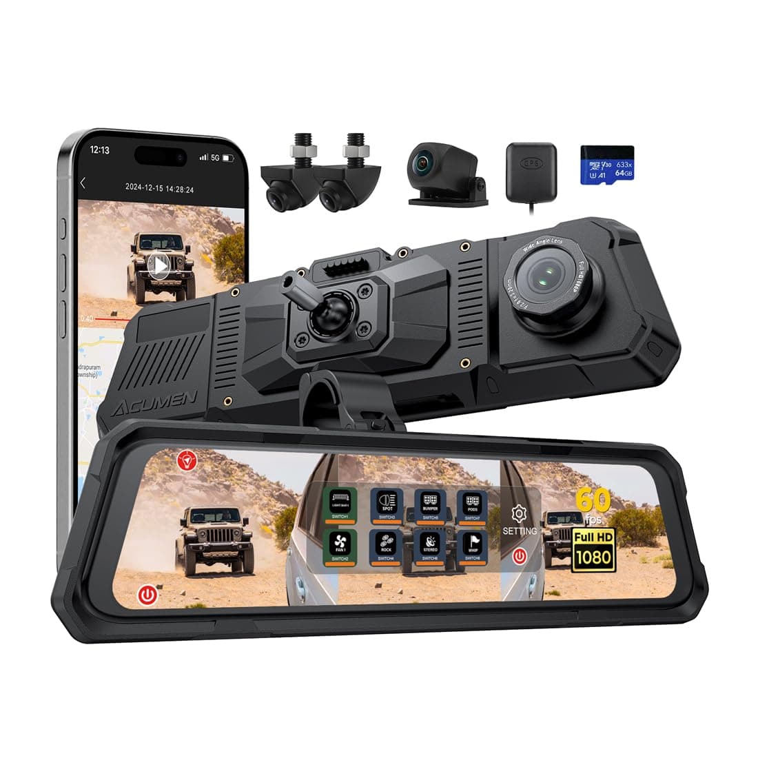 Acumen The Legend 4CH - Cámara Retrovisor Impermeable 12" 4 Canales FHD con WiFi/GPS 22CAM0504-01