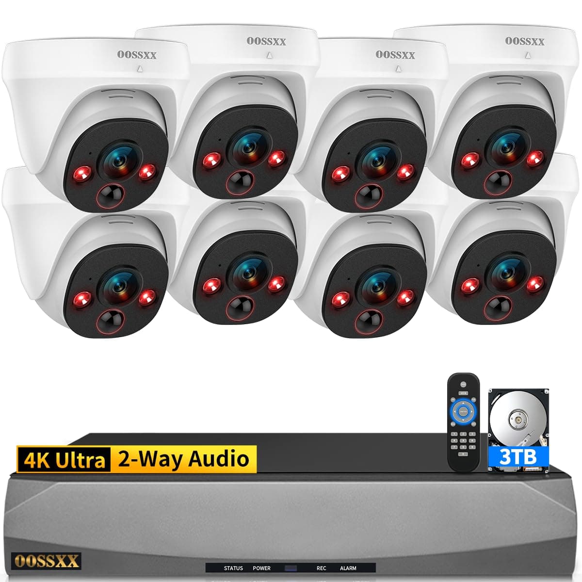 OOSSXX (4K Ultra y Ángulo Amplio 130°) Sistema de Cámara de Seguridad Exterior Cableada Dome PoE IP Cámaras para Videovigilancia Audio Bidireccional Cámaras de Seguridad para Hogar 8MP 2-Way Audio