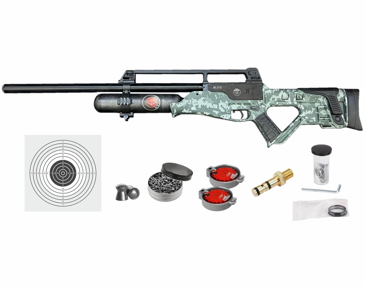 Wearable4U Hatsan Blitz Edición Limitada .30 Cal PCP 730 FPS 53 FPE Verde Digital Camo con Blancos y 100 Pellets .30cal HGBlitz30M1_TargAmmo